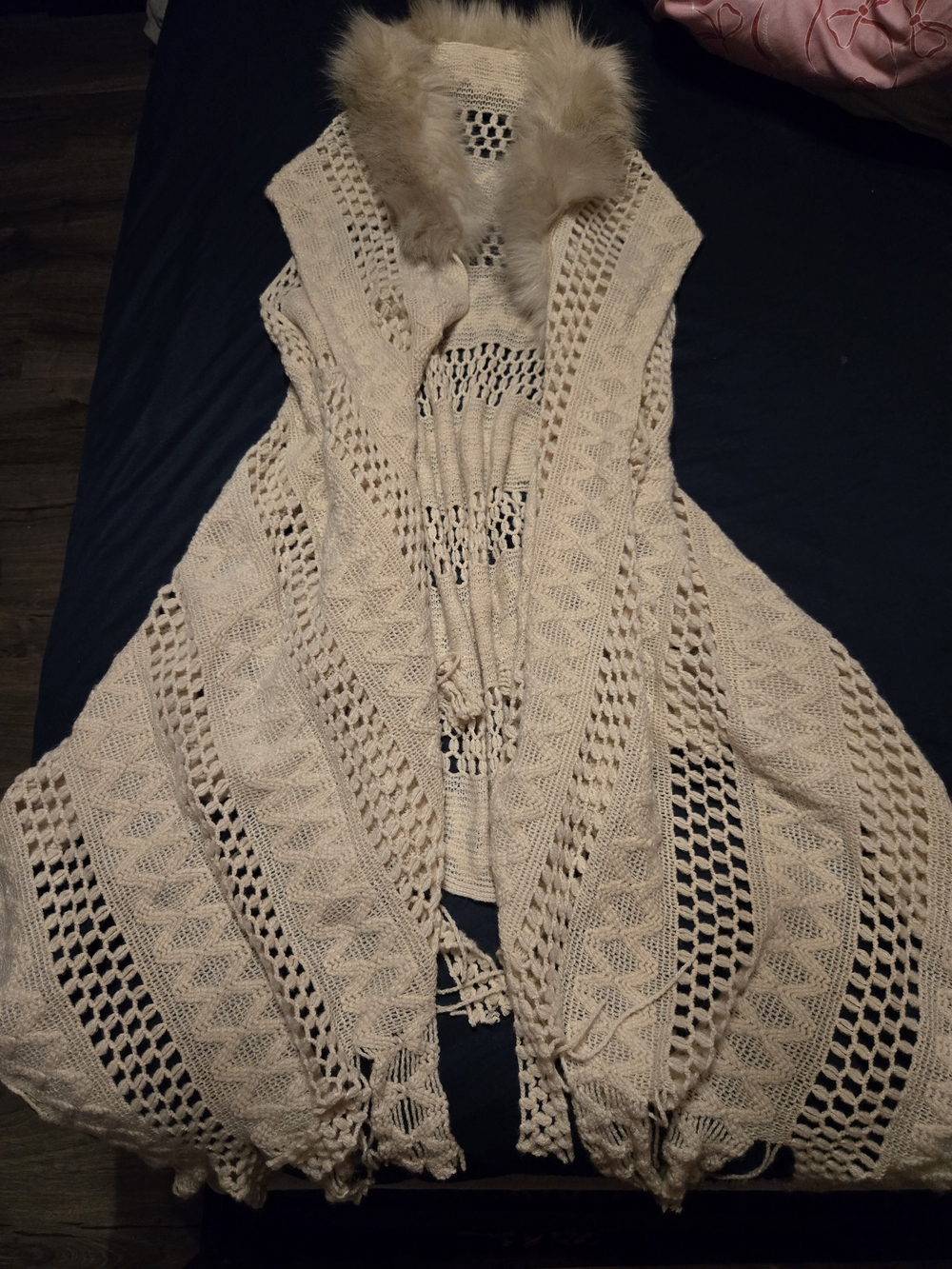 Beige Open-Knit Faux-Fur Collar Women's Sweater Cardigan